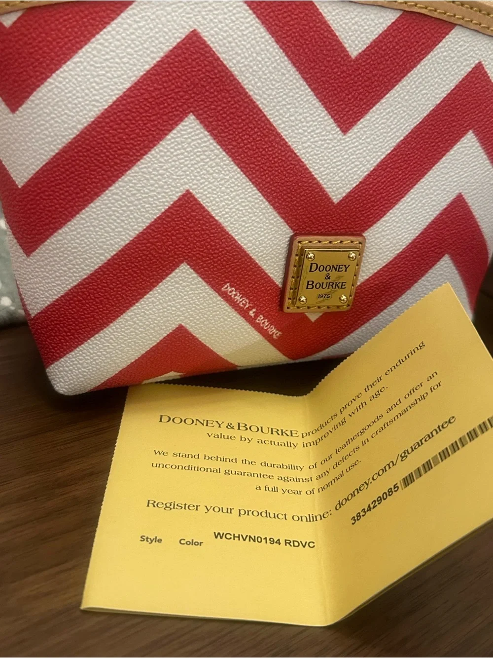 Dooney & Bourke Red and White Chevron Cosmetic Pouch with Tan Trim